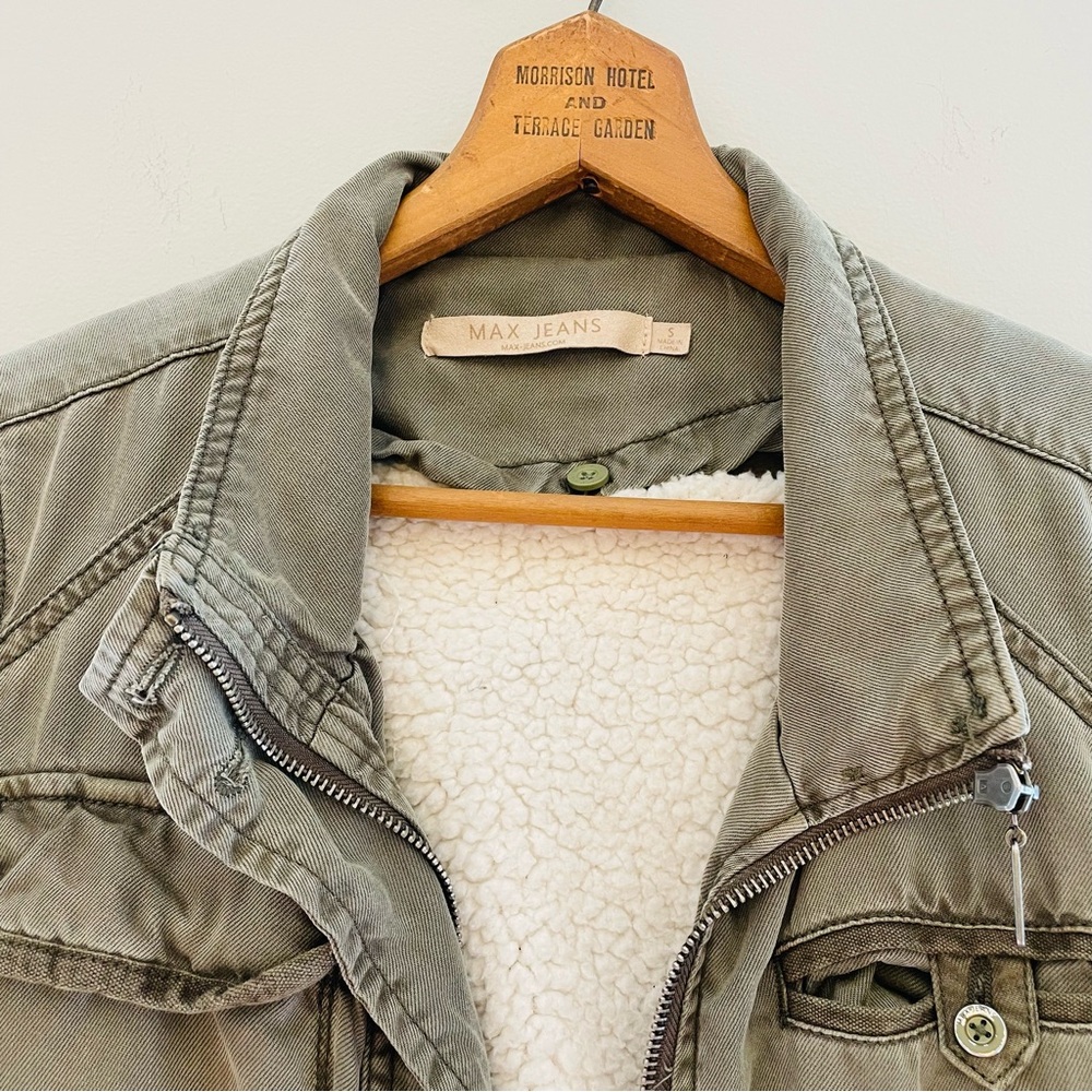 Max Jeans Army Green Military Style Sherpa Lined Utility Jacket Small Removable - Picture 3 of 11